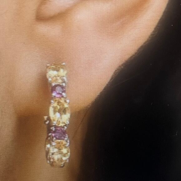 Brazilian Citrine and Rhodolite Garnet Art Deco Hoop Earrings - Picture 3 of 7